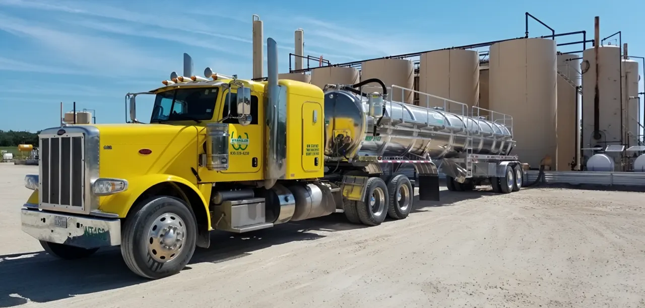 A Wrangler vacuum truck parked in front of a row of tanks